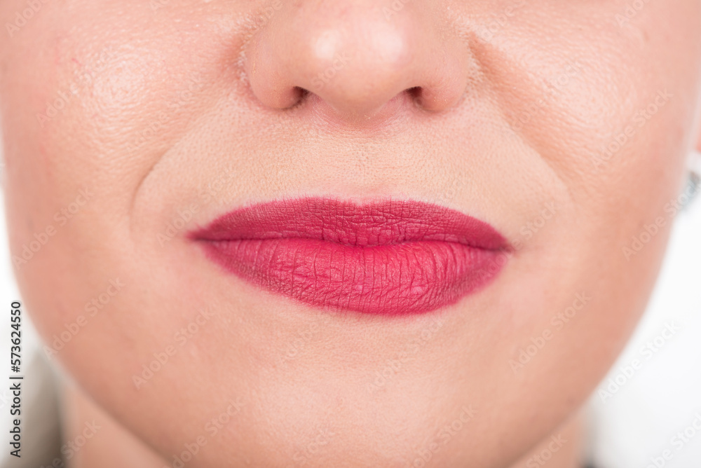 Fototapeta premium Sad And Curious Woman Face. Studio Photo Shoot. Use Bright Red Lipstick.