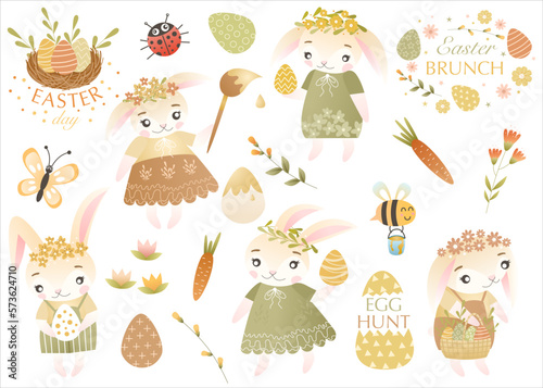 Easter set with cute bunnies, flowers, quotes, carrot, honey bee and easter eggs. Perfect for scrapbooking, sticker kit, tags, greeting cards, party invitations. Hand drawn vector illustration