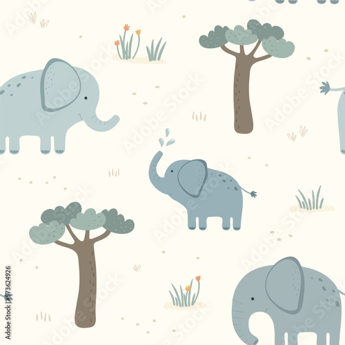 Seamless pattern with cute elephant. Vector illustration in flat style.