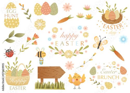 Collection of cute easter and spring decorative elements - colored eggs, quotes, blooming flowers, carrot, honey bee isolated on white background. Cartoon holiday flat vector illustration