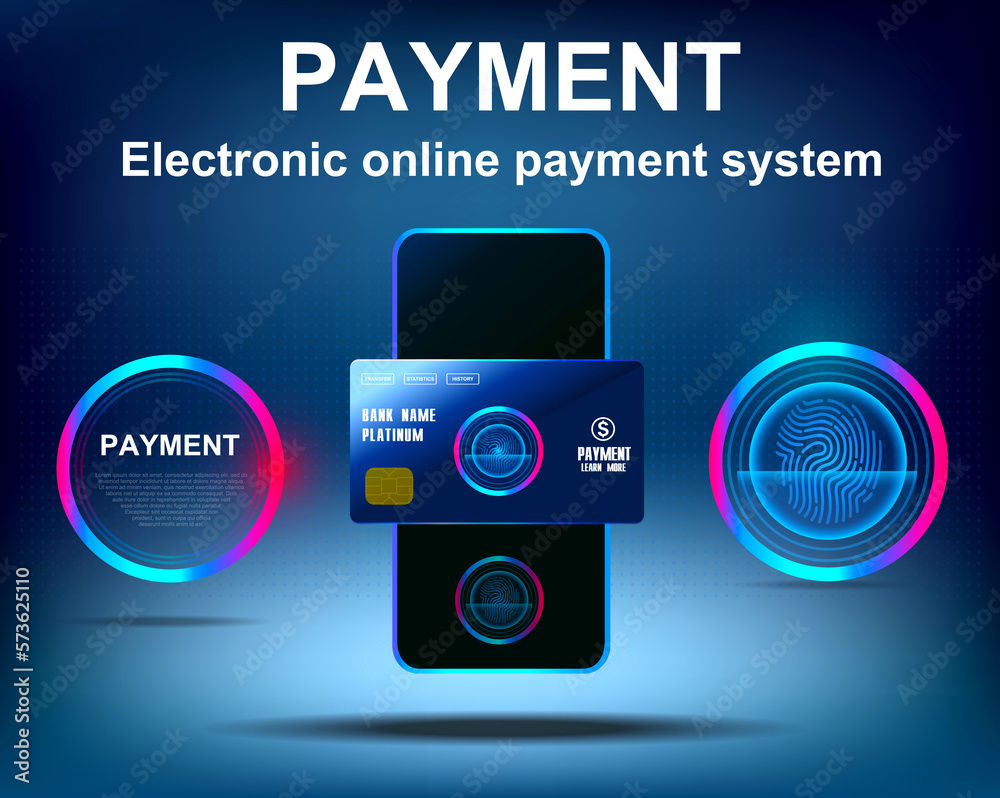 Obraz premium Mobile banking. Payment by credit card via smartphone. Electronic online payment system. Smartphone with bank card. Digital online business purchases. Electronic payment business concept