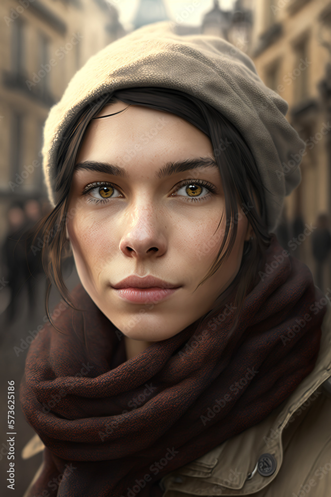 Portrait photo of a young woman with brown hair and light brown eyes. Graceful young woman in French beret cap and scarf in Parisian style. Serious look. Look at camera. In the city. generative AI Portrait photo of a young woman with brown hair and light brown eyes. Graceful young woman in French beret cap and scarf in Parisian style. Serious look. Look at camera. In the city. generative AI