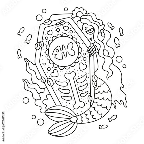 Cute vampire mermaid with coffin. Funny gothic sea monster. Fantasy creature. Coloring page for kids. Cartoon vector illustration. Isolated on white. Outlined hand drawn artwork. Black and white