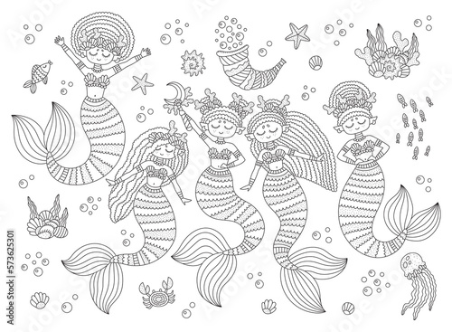 Set of different mermaids. Cute little afro girl. Beautiful sea princess. Fairy tale character. Fantasy coloring page for kids. Cartoon vector illustration. Isolated on white. Outlined artwork
