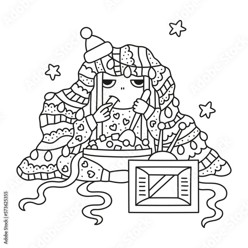 Lonely christmas girl. Lazy woman in pajama. New year after party with TV and salad. Funny hat. Coloring page. Cartoon vector illustration. Isolated on white. Outlined hand drawn artwork. Black lines