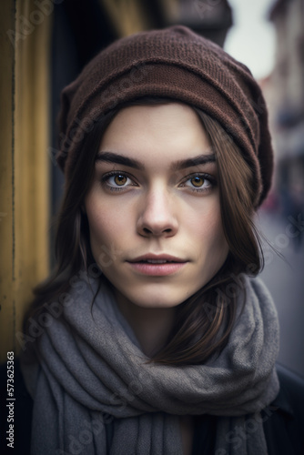 Portrait photo of a young woman with brown hair and light brown eyes. Graceful young woman in French beret cap and scarf in Parisian style. Serious look. Looking to the camera. In the city. generative