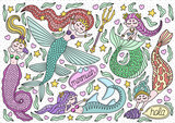 Set of different mermaids. Cute drawing characters. Hand-drawn childish doodle. Vector illustration
