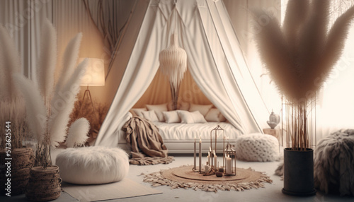 boho style interior photo set white tent rugs neutra generative AI	 photo