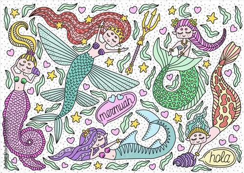 Set of different mermaids. Cute drawing characters. Hand-drawn childish doodle. Vector illustration