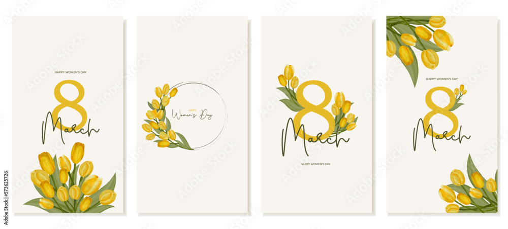 Set of vertical stories for International Women's Day with yellow watercolor tulips for social media. Vector