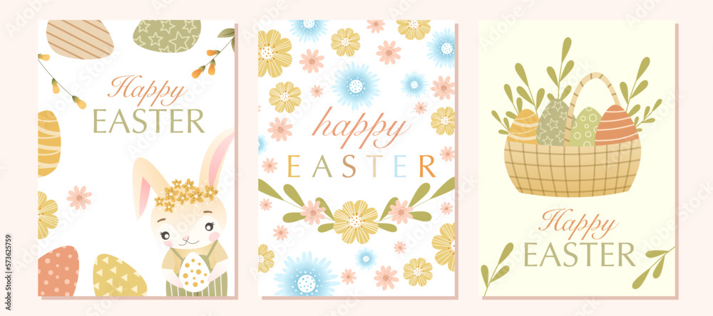 Easter postcard set with cute rabbit character, colored eggs, flowers, green leaves and quotes. Good for Spring and Easter greeting cards, posters, children's design and banners. Vector illustration Easter postcard set with cute rabbit character, colored eggs, flowers, green leaves and quotes. Good for Spring and Easter greeting cards, posters, children's design and banners. Vector illustration