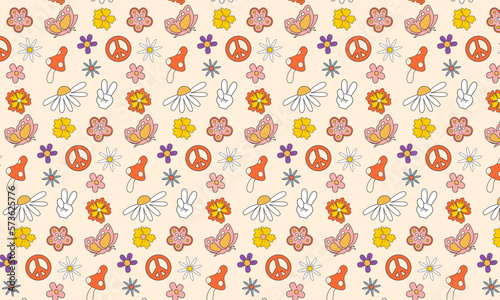 Groovy hippie 70s pattern, flat vector illustration