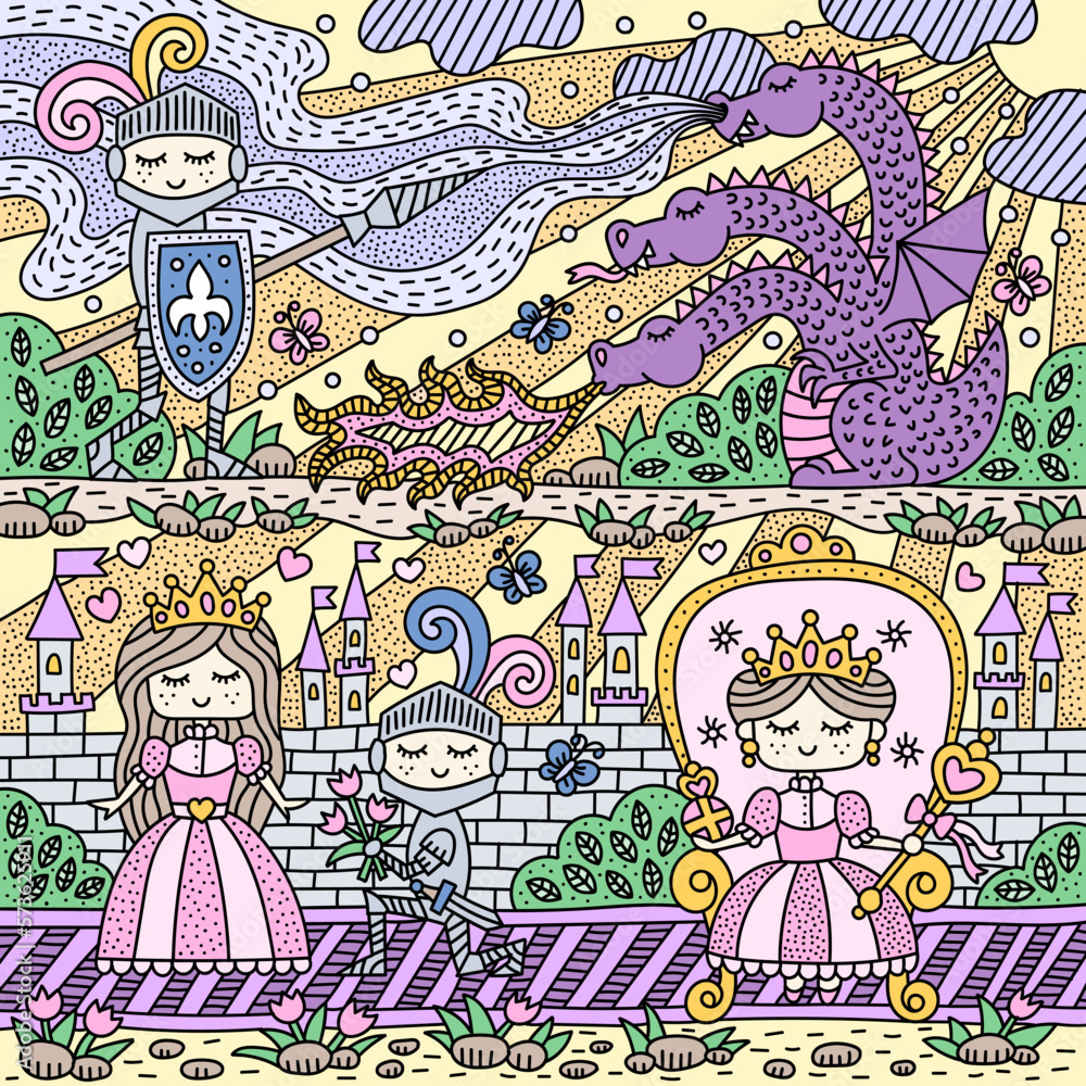 Fairy tale scene with knight, princess and dragon. Fantasy kingdom. Vector illustration