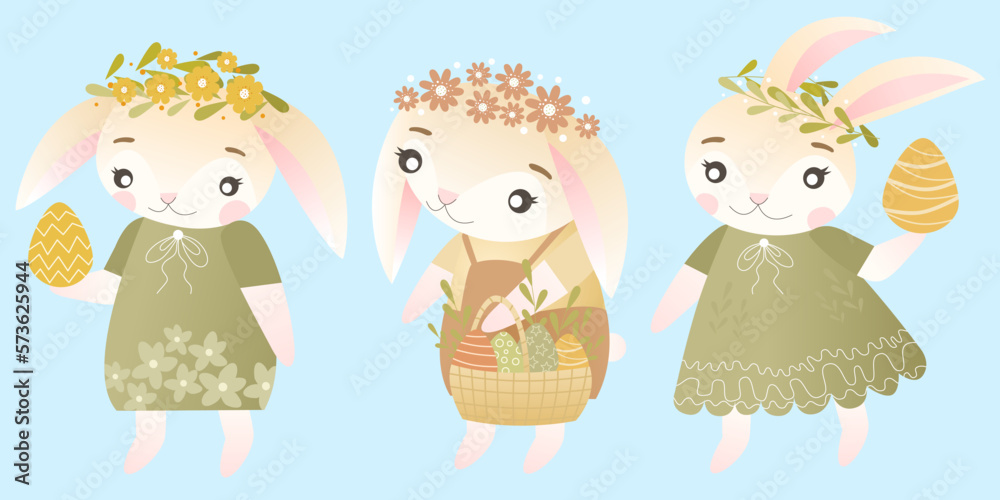 Easter rabbits characters set. Vector illustration of cute cartoon bunnies in different poses and actions: holding an egg, holding a basket. Easter bunnies in dresses and wreaths of spring flowers.