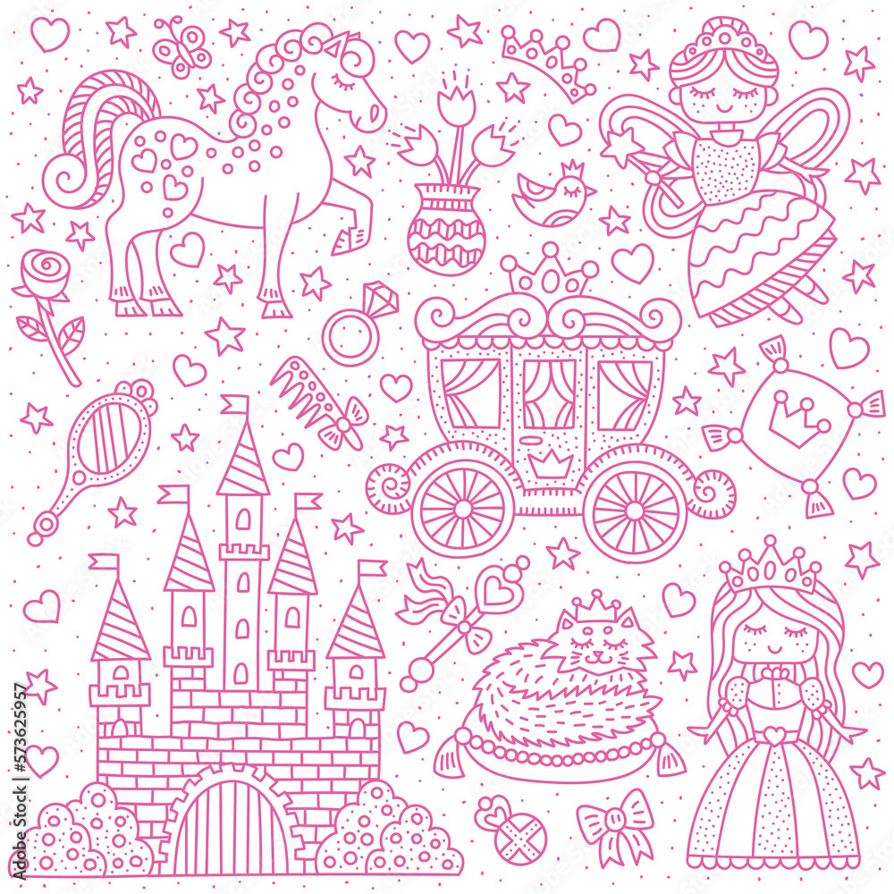 Little princess fairy tale. Set of outline elements. Princess, fairy, castle, pony. Cartoon vector illustration for kids