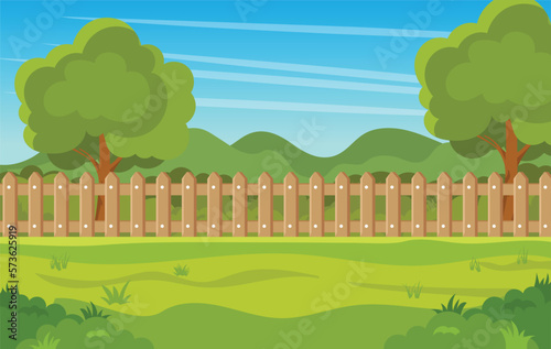 Spring or summer landscape. Garden backyard with wooden fence hedge, green trees and bushes, grass , park plants. Vector illustration in flat style