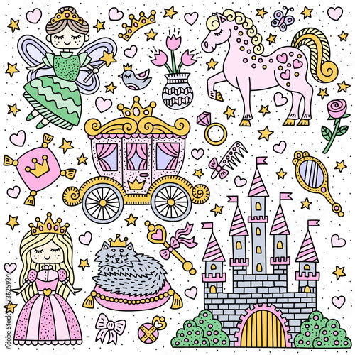 Set of fairy tale elements. Princess, fairy, horse, carriage. Isolated elements. Cartoon vector illustration for kids