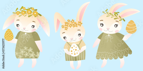 Easter bunnies characters set. Vector illustration of cute bunnies in different poses, green dresses and wreaths of spring flowers. Good for Spring and Easter greeting cards, product for children.