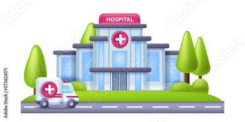 3D hospital building, vector minimal clinic facade, ambulance help entrance door view, window, car. Medical office, city modern public healthcare house exterior. 3D hospital emergency center concept