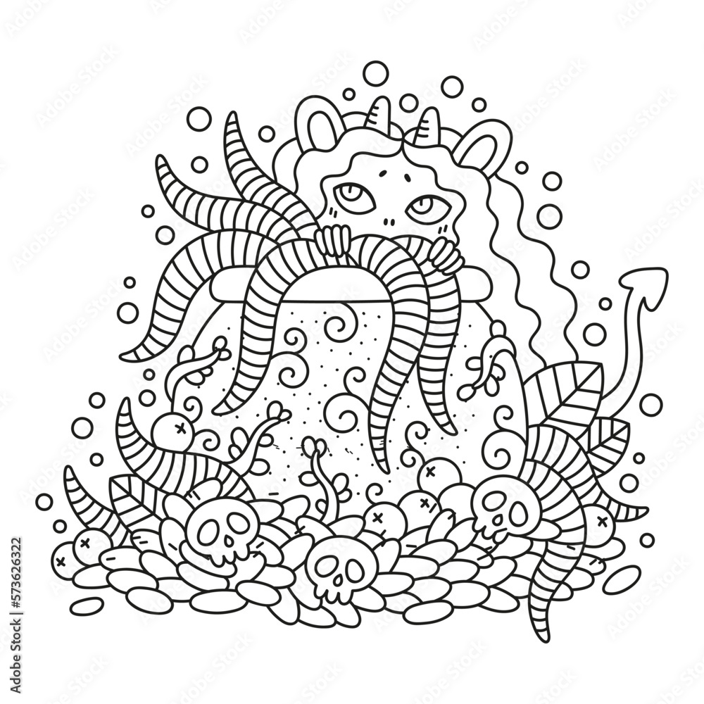Adorable little mouse devil girl. Funny mise with pot of worms. Decorated with skulls, seeds. Farm animal. Coloring page for kids. Cartoon vector illustration. Outlined hand drawn artwork. Isolated