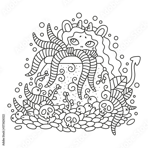 Adorable little mouse devil girl. Funny mise with pot of worms. Decorated with skulls, seeds. Farm animal. Coloring page for kids. Cartoon vector illustration. Outlined hand drawn artwork. Isolated