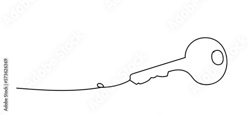 Single old key drawing in style of one continuous line black color. Self drawing