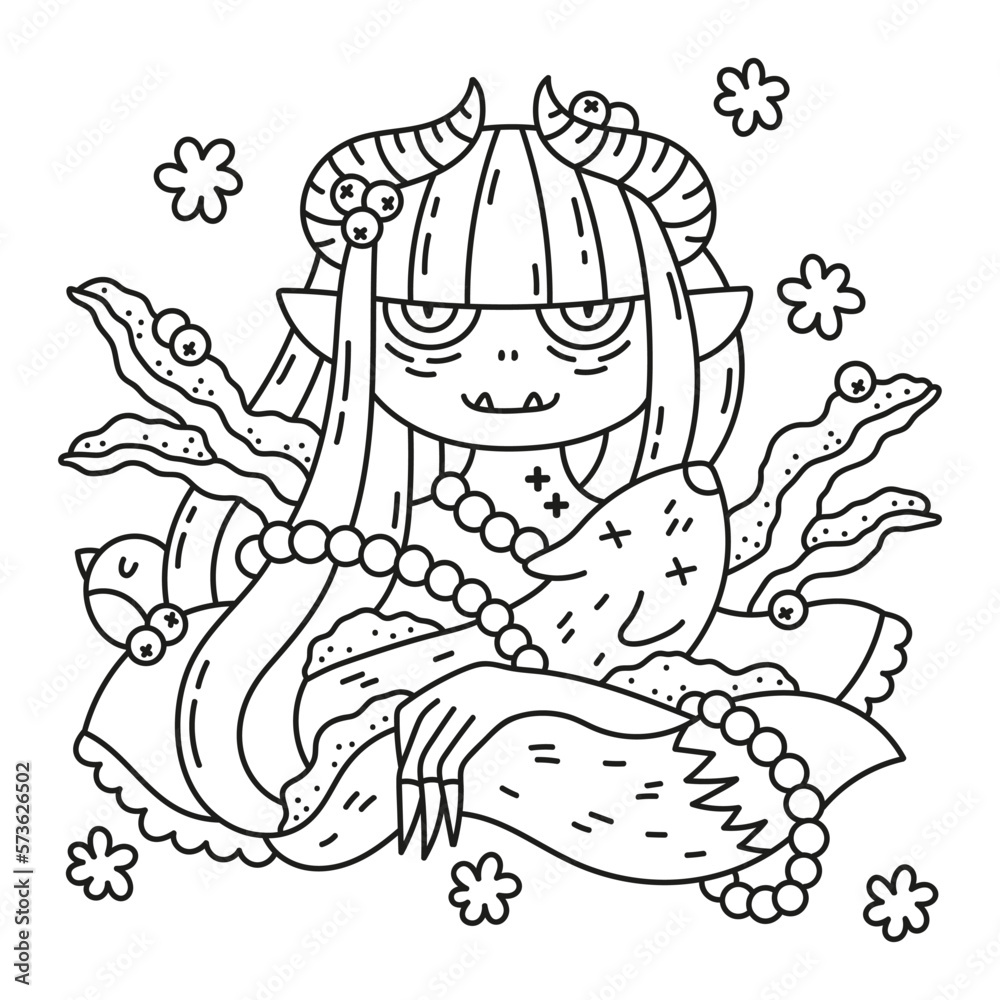 Little devil girl with horns. Young demon. Fairy tale creature. Winter trees and clothes. Cute coloring page for kids. Funny cartoon vector illustration. Outlined artwork. Black lines. Isolated Little devil girl with horns. Young demon. Fairy tale creature. Winter trees and clothes. Cute coloring page for kids. Funny cartoon vector illustration. Outlined artwork. Black lines. Isolated