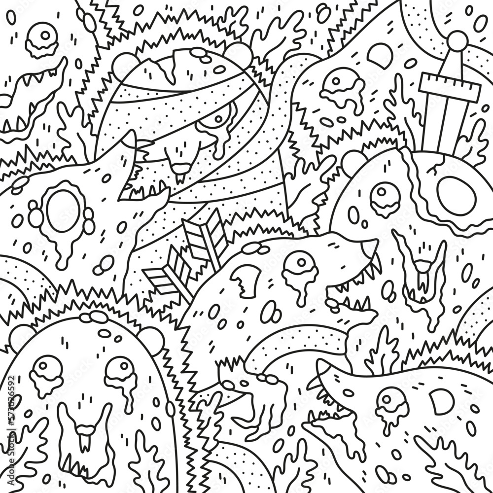 Zombie hedgehog. Alive evil dead animals. Scary monsters. Cartoon vector illustration. Coloring page. Outlined hand drawn artwork. Black and white colors. Clipart