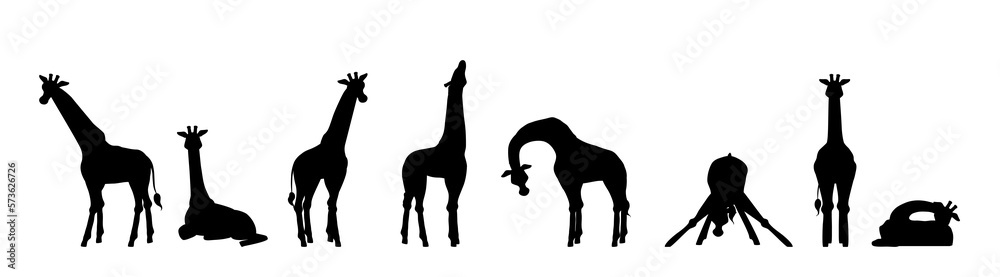 Fototapeta premium Set of giraffe silhouettes in different poses flat style, vector illustration