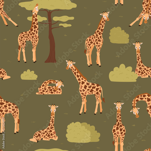 Canvas Print Summer seamless pattern design with exotic giraffes flat vector illustration
