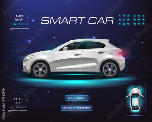 Smart car. Vehicle parameters on holographic touch screen. Car diagnostics and setting panel. Electronic vehicle control system. Vector