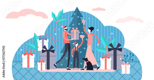Flat tiny family Christmas illustration, transparent background. Flat tiny winter holidays persons concept. Festive mood with tree decoration process and parents, child togetherness.