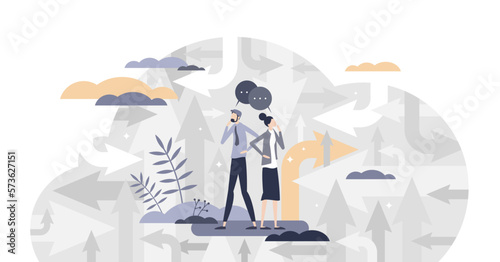 Finding your way as path direction arrows and confused couple tiny person concept, transparent background. Different solutions to life questions illustration.