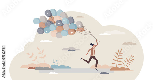 Happy life with careless feelings and joyful emotions tiny person concept, transparent background. Dynamic lifestyle with fun and satisfied mental state illustration.
