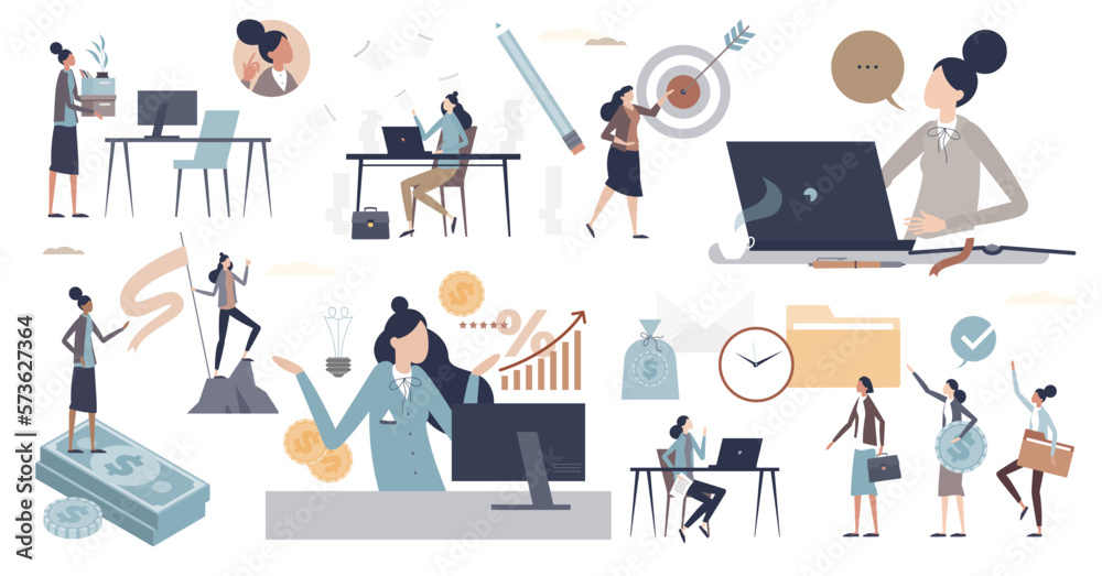Business woman and female company leader or boss tiny person collection set, transparent background. Successful leadership and professional career growth with ambitious attitude illustration. Business woman and female company leader or boss tiny person collection set, transparent background. Successful leadership and professional career growth with ambitious attitude illustration.