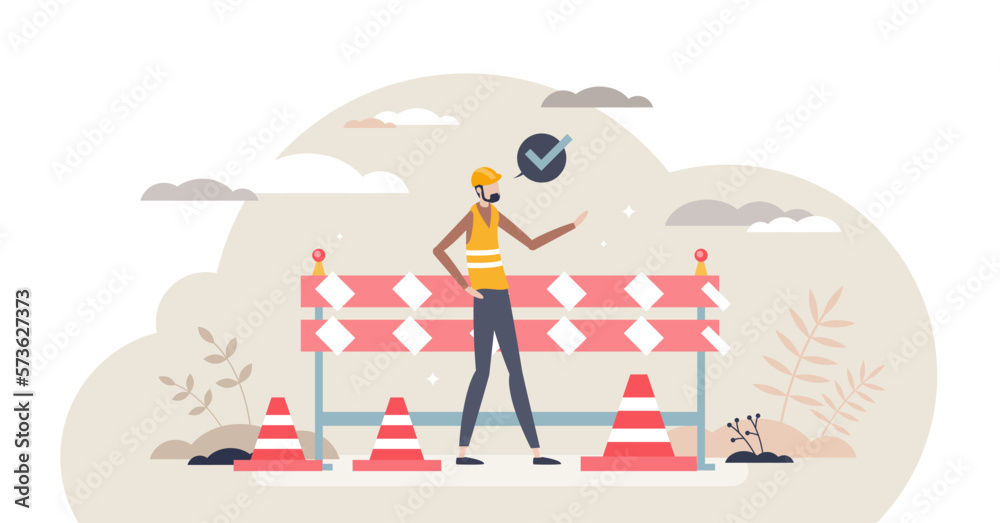 Construction safety and personal protection equipment tiny person concept, transparent background. Road repair site risk prevention with striped lines, helmet and vest.