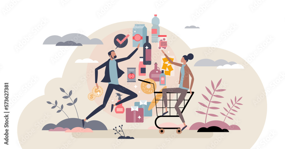 Φωτογραφία Consumer goods and products purchase in trade supermarket tiny person concept, transparent background