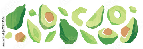 Abstract set with avocado. Healthy vegan food. Botanical elements isolated on a white background. Fruits in modern style. Vector illustration.