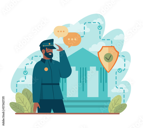 Police officer. Black policeman patrol the city, keeping law and order.