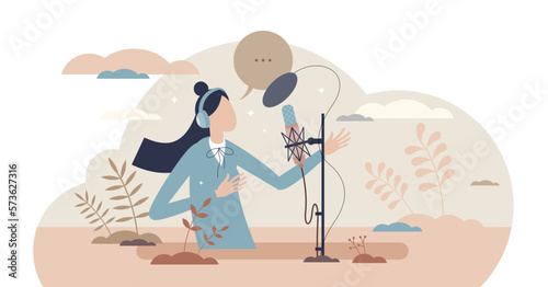 Voice over acting performance artist in recording studio tiny person concept, transparent background.Professional speech talent as dramatic profession illustration.