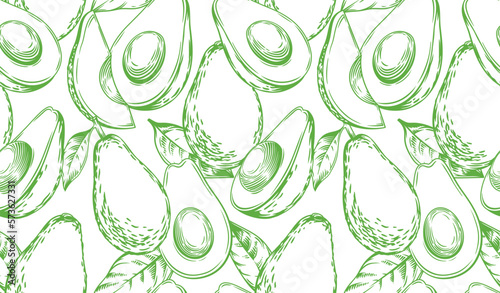 Seamless pattern with avocado. Healthy vegan food. Vector monochrome hand drawn illustration.