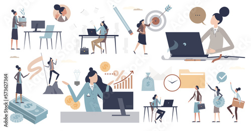 Business woman and female company leader or boss tiny person collection set, transparent background. Successful leadership and professional career growth with ambitious attitude illustration.