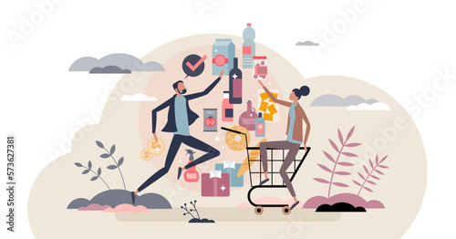 Consumer goods and products purchase in trade supermarket tiny person concept, transparent background. Shopping expenses for buyer with full cart illustration.
