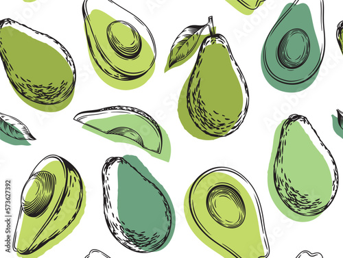 Seamless pattern with avocado. Healthy vegan food. Vector hand drawn illustration for textile, food packaging and cosmetics.