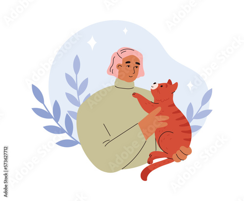 Owner and cat for emotional support and pet therapy, flat vector isolated.