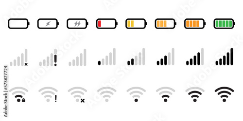 Battery signal and Wi-Fi icon symbol black and white icons pack. Mobile phone signal, wi-fi, battery icon. Status bar symbol modern, simple, vector, icon for website design, mobile app, ui. Vector