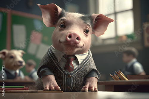Portrait d'un bébé cochon anthropomorphe habillé en écolier dans une salle de classe  » IA générative photo