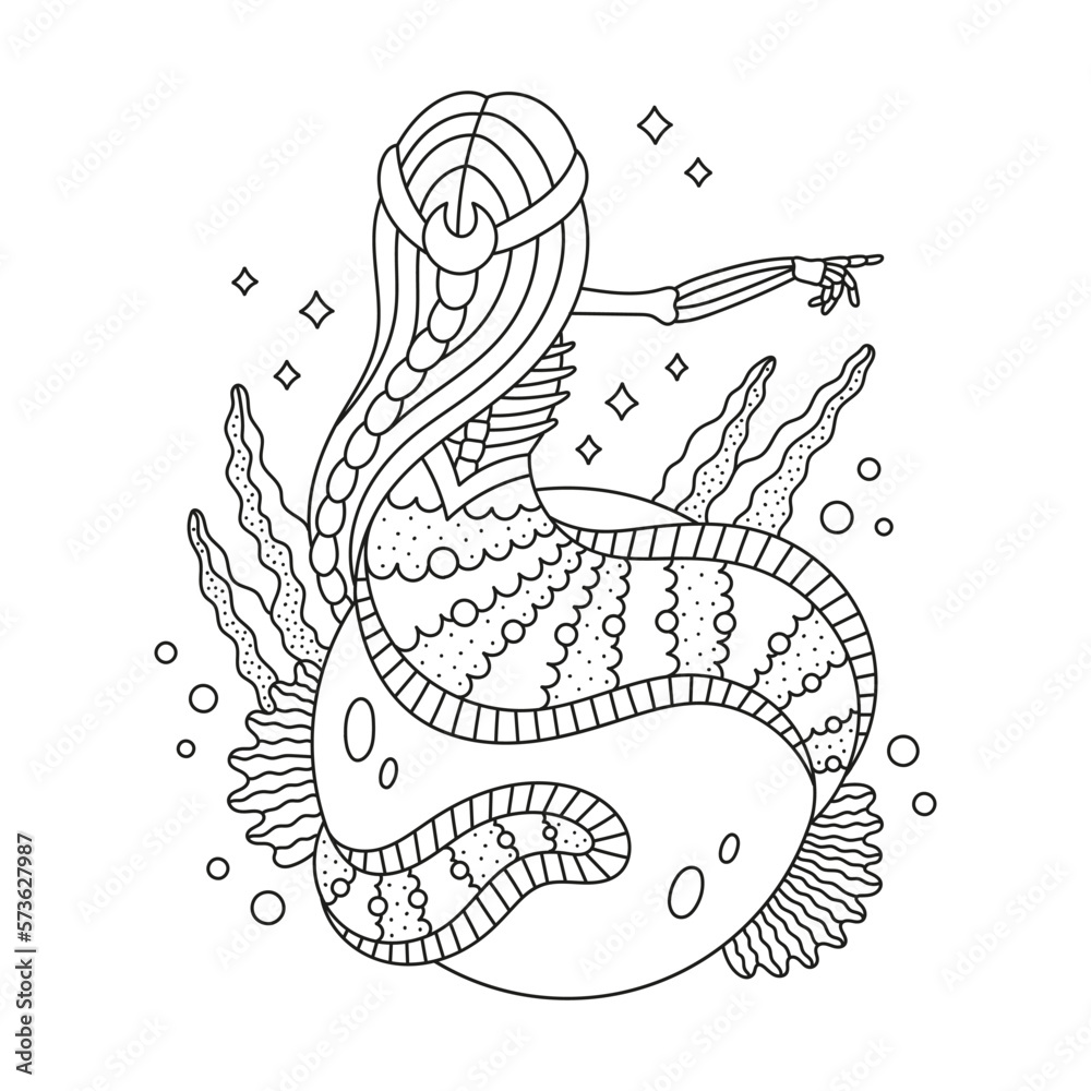 Mystical skeleton mermaid sitting on pearl. Mermaid with long hair ...