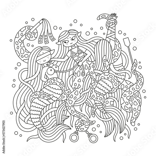 Octopus and two mermaids playing sex games. Funny cartoon artworks. Coloring page for adults. Outlined hand drawn art. Black and white drawing. Isolated