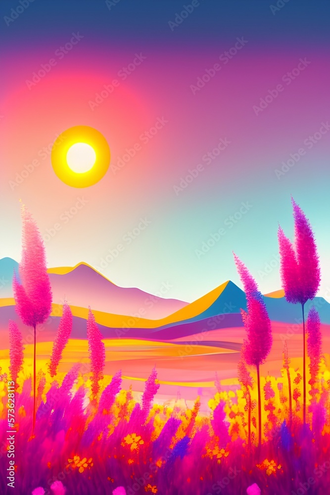 oil painting brush stroke, sun, blue gradient sky, soft pink hues in skyline,bokeh mountains neutral grey color, grass field in foreground with many flowers in coral yellow pink orange - generative ai